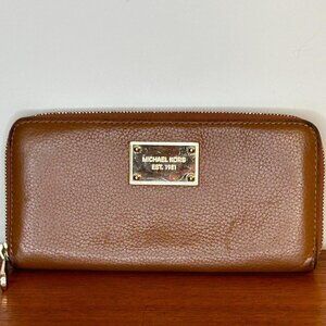 Michael Kors Tan Brown Leather Zip Around Wallet with Gold Hardware and Trim